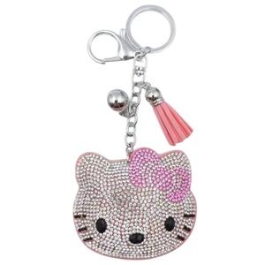 Bling Rhinestone Jumbo Hello Kitty Pink Bow Puffy Tassel Keychain Charm.      C1